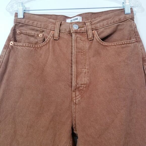 Re/Done 70s Ultra High Rise Stove Pipe Brown Jeans Frayed Hem Button Fly - Picture 15 of 16